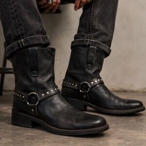 Bed Stu Studded Harness Biker Moto Boots Men's 11 Round Toe Black Leather Ankle